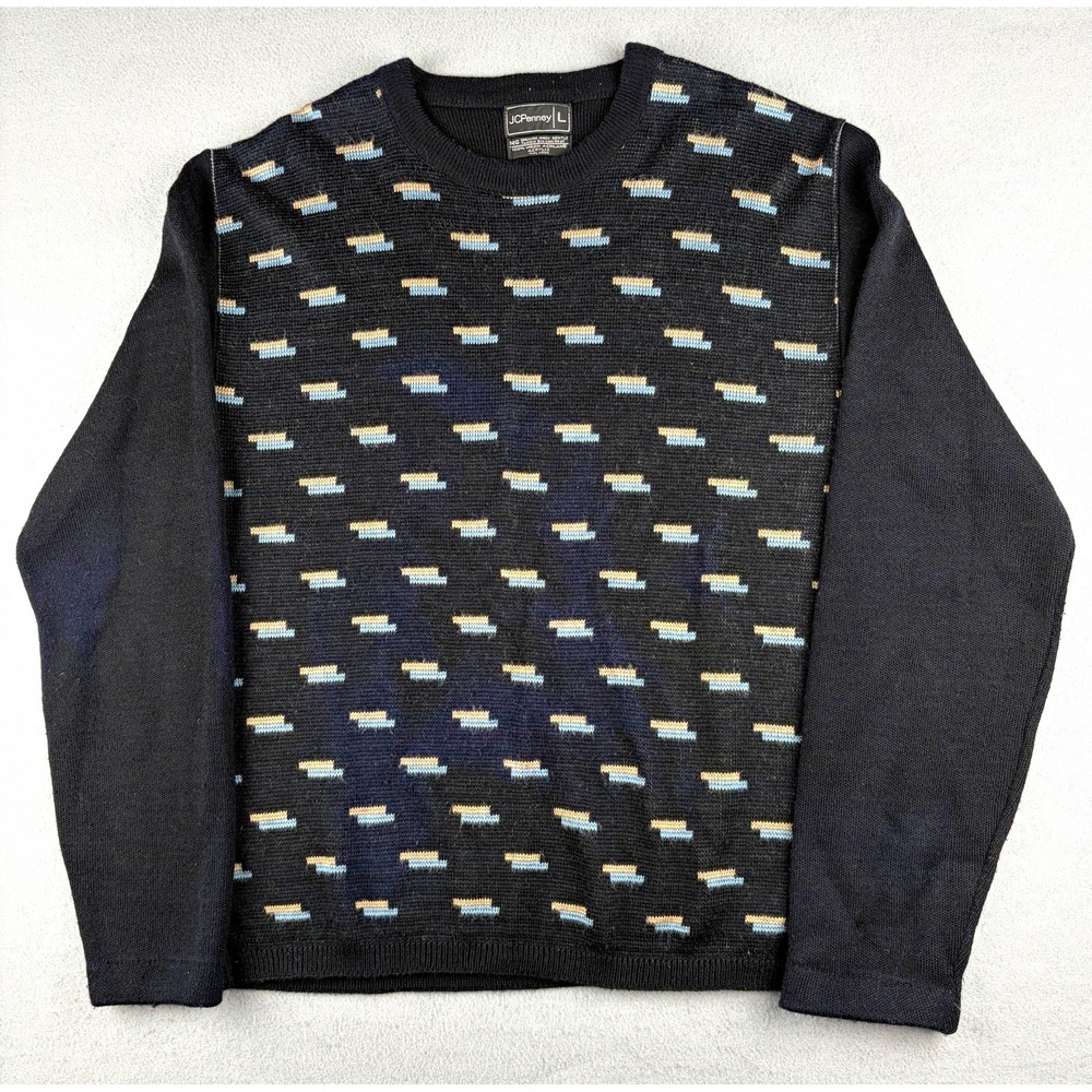 Vintage JCPenney Geometric Knit Sweater Men's Large Black 80s 90s Acrylic